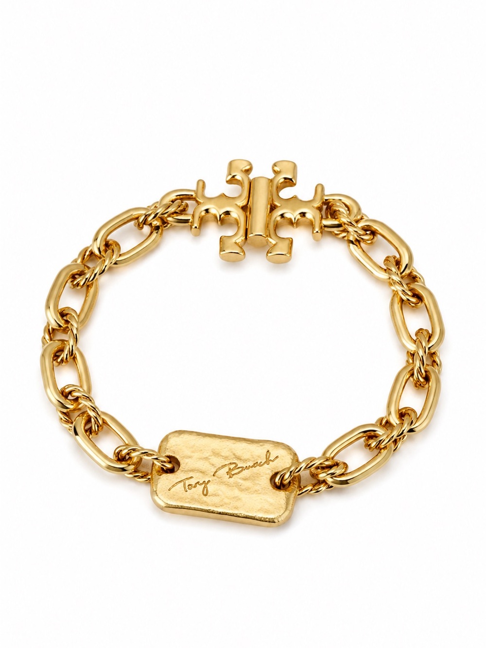 TORY BURCH Gold Torsade Luggage Tag Engraved Logo Bracelet.